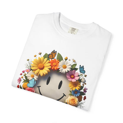 Smiley Flower Wreath T-Shirt — Floral Happy Face Graphic Tee