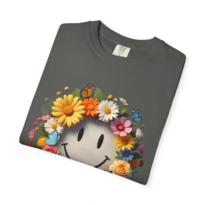 Smiley Flower Wreath T-Shirt — Floral Happy Face Graphic Tee