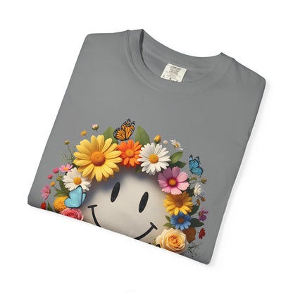 Smiley Flower Wreath T-Shirt — Floral Happy Face Graphic Tee
