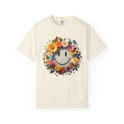 Smiley Flower Wreath T-Shirt — Floral Happy Face Graphic Tee
