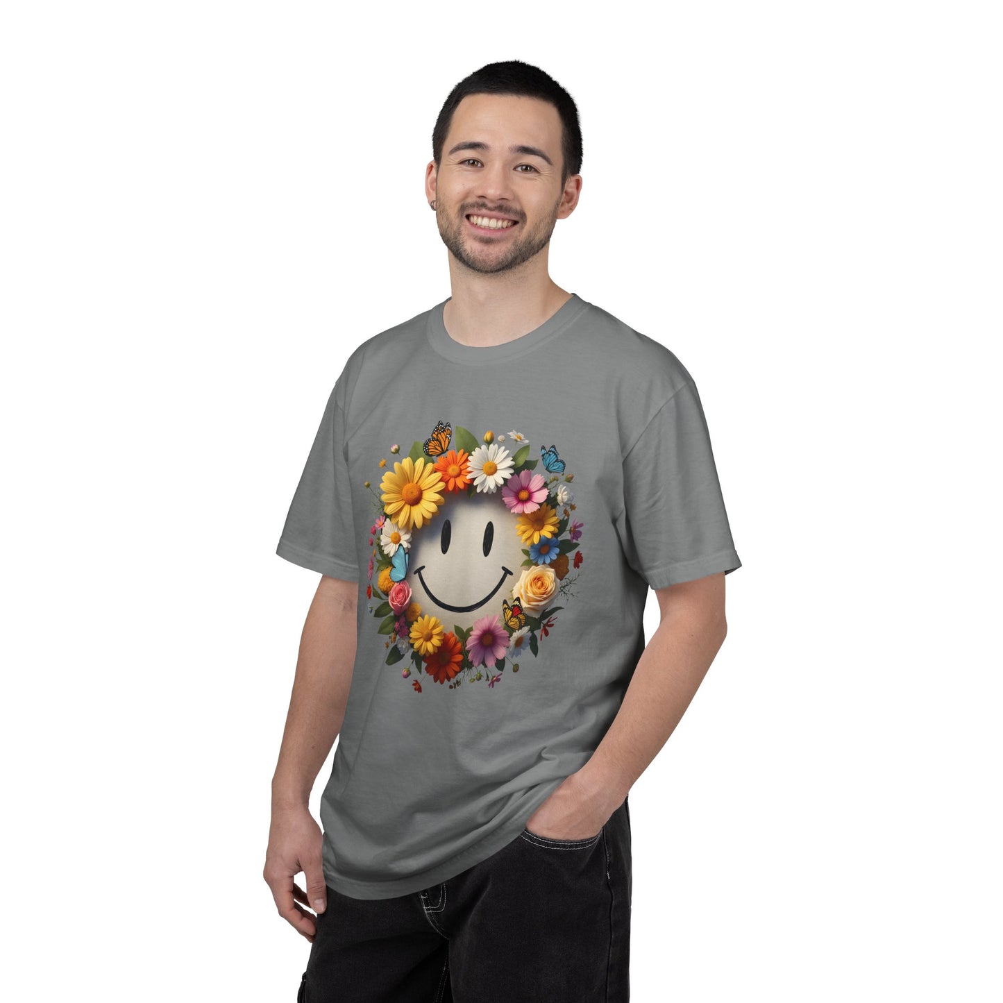 Smiley Flower Wreath T-Shirt — Floral Happy Face Graphic Tee