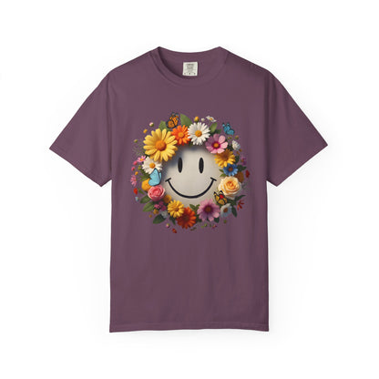 Smiley Flower Wreath T-Shirt — Floral Happy Face Graphic Tee