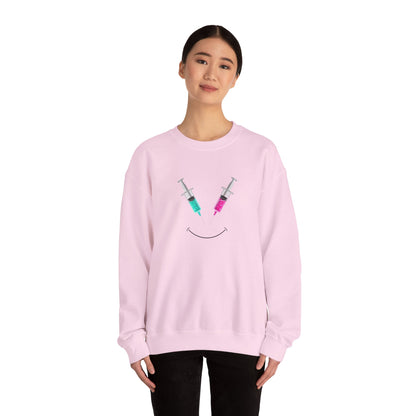 Syringe Smile Crewneck Nurse Sweatshirt - Cute Neon Vaccine Needle Design